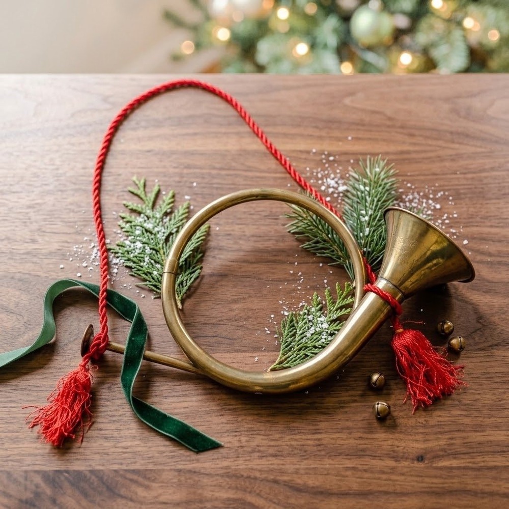 Vintage Brass Hunting Horn Decorative Bugle with Red Tassels Wall Decor